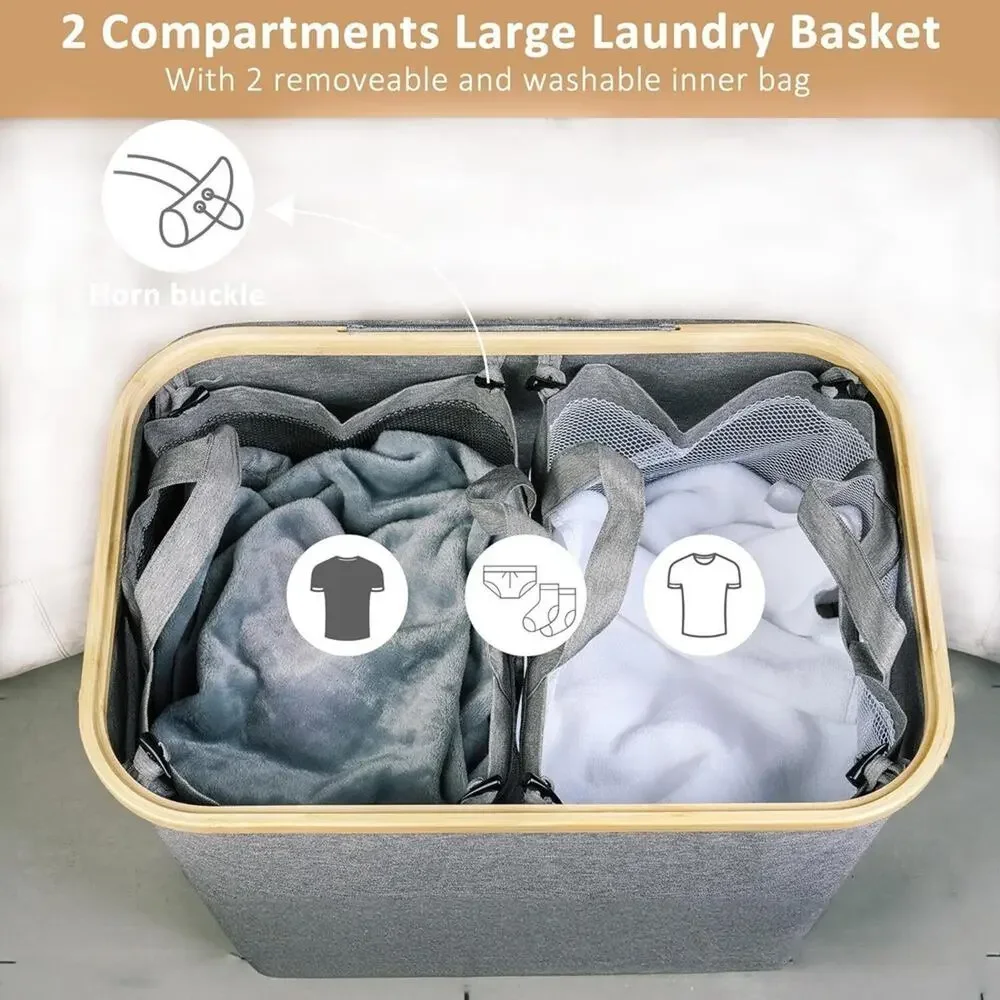 iEGrow 150L Laundry Hamper with Lid, 2 Removable Inner Bags, Bamboo Handles